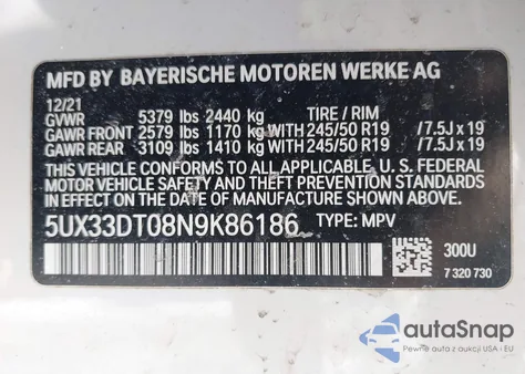 2022 BMW X4 xDrive30I z USA, uszkodzony, nr VIN 5UX33DT08N9K86186